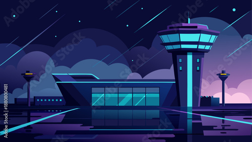 A futuristic airport control tower stands tall at night with a sleek, modern terminal building in the background, surrounded by clouds and stars.