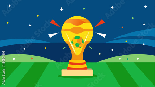 A vibrant vector graphic illustration of a trophy on a soccer field at night with a starry sky