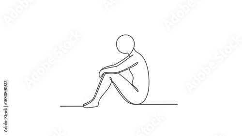 Sad stick figure person sitting alone with knees drawn up, expressing loneliness and contemplation on an isolated white background.