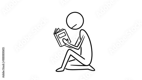 Stick figure person sitting peacefully and reading a book on an isolated white background.