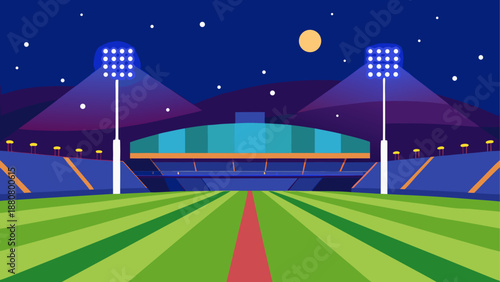 A vibrant illustration of a nighttime sports stadium with a green field and bright lights