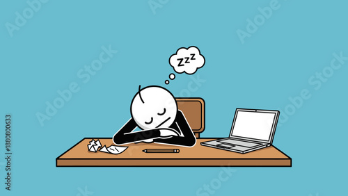 Exhausted stick figure sleeping at a desk with a laptop on a light blue background, feeling tired and overworked.
