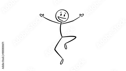 Joyful stick figure jumping and celebrating with heart shapes on an isolated white background, feeling happy and excited.