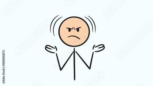 Angry stick figure expressing frustration with arms up in exasperation on a light blue background.