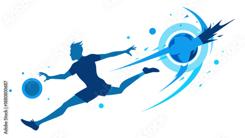 A dynamic illustration of a person kicking a ball in a blue silhouette style
