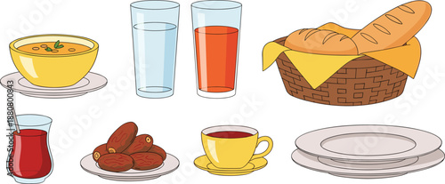 Delicious breakfast spread with bread, soup, and drinks