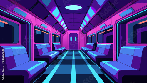 A vibrant, futuristic subway car interior with purple and blue neon lights