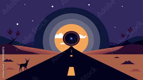 A vector graphic illustration of a desert road leading to a camera lens at sunset with a deer in the foreground