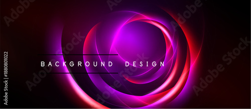 Abstract neon circles, vibrant pinks, purples radiate from center. Dark background enhances glowing effect. Text reads background design.