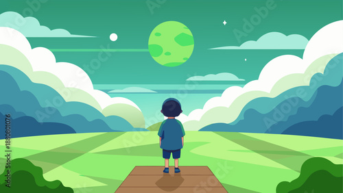 A cartoon boy stands on a path looking out at a green landscape with a large moon in the sky