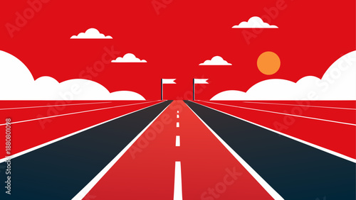 A vibrant vector graphic illustration of a road leading to a sunny horizon with flags and clouds