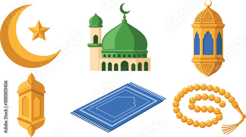 Islamic symbols and mosque architecture in vibrant colors