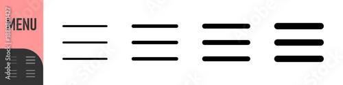 Hamburger Menu icon set featuring three horizontal lines in in color versions, ideal for navigation drawers, mobile interfaces, hidden menus, and UI toggles