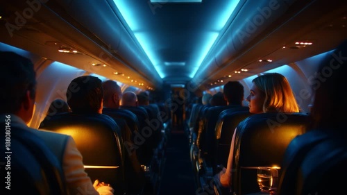 A Captivating Journey Through an Airplane Cabin: Illuminated Spaces Transform the Ambiance While Passengers Experience Comfort and Connection During Their Flight