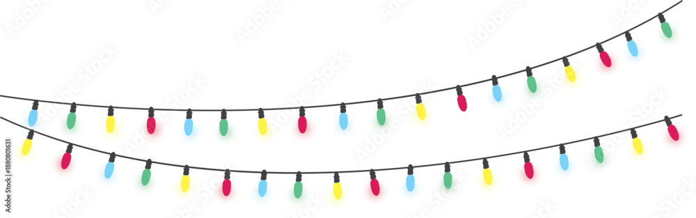 Fototapeta premium Colorful Christmas light garlands, decorative party string lights on white background