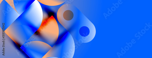 Abstract shapes, vibrant blues, oranges create dynamic composition. Modern design, smooth gradients, clean aesthetic. Minimalist, eyecatching visual.