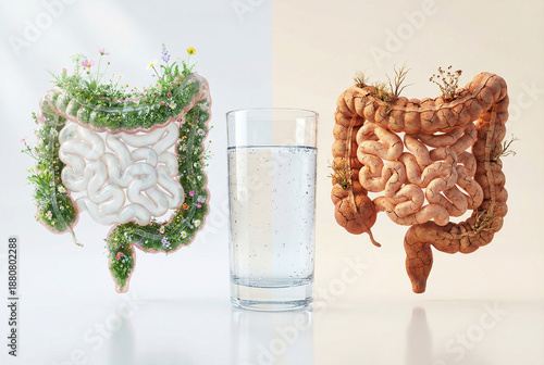 Healthy and unhealthy intestines with flowers and water in background  