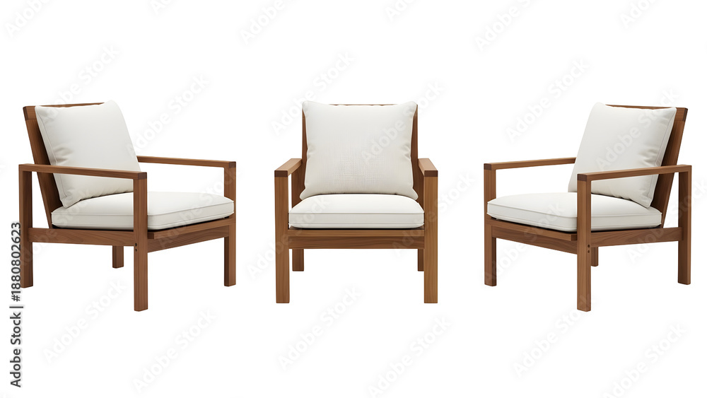 Fototapeta premium Three wooden chairs with white cushions isolated on transparent background