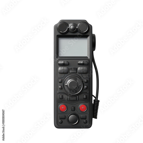 Handheld digital audio recorder with microphones and control buttons isolated on Transparent Background
