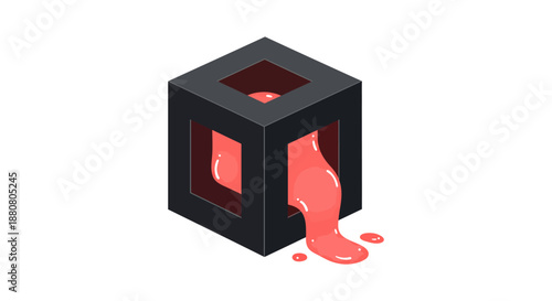 abstract red liquid oozing from black isometric cube onto clean white background representing data flow containment issues or graphic design element.