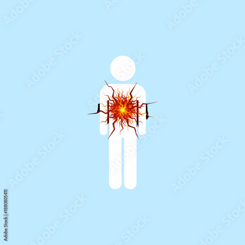 chest pain vector icon showing a human figure with a fiery burning sensation and cracks in the chest representing heart attack acid reflux and emotional stress for medical graphics.