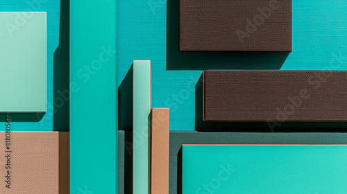 Professional geometric background featuring a mix of teal, brown, and beige rectangular blocks with fine fabric textures. A bold, structured design ideal for modern branding and business cards.