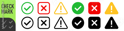 check mark icon button set. check box icon with right and wrong buttons and yes or no checkmark icons in green tick box and red cross. exclamation mark information icon
