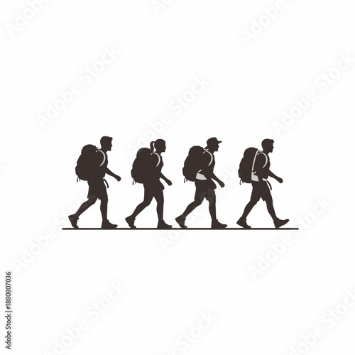 Silhouettes of Hikers Walking with Backpacks.