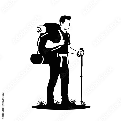Man Hiking with Backpack and Trekking Pole.