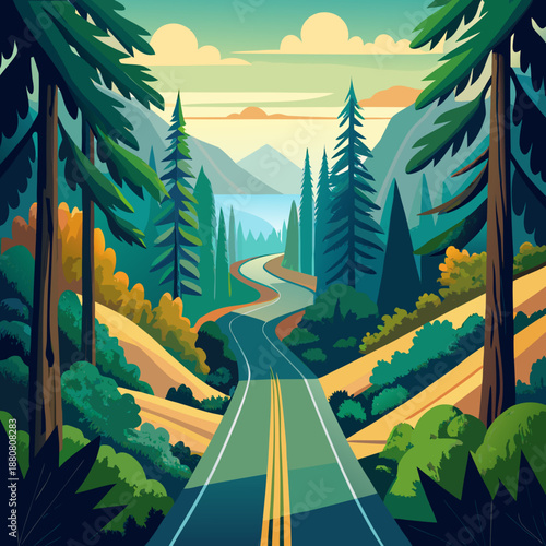 Winding road through a vibrant forest landscape with mountains