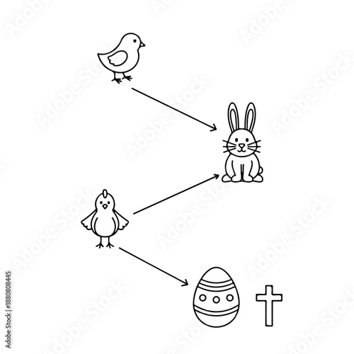 Simple Easter symbols illustration with birds, bunny, egg, and cross.