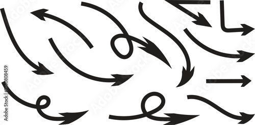 A versatile collection of black hand-drawn style arrows indicating various directions and movements Vector set