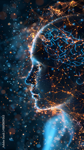 Abstract AI human face formed by glowing neural network and data connections