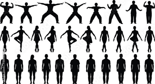 Black silhouettes set of martial arts fighters, ballet dancers and standing people, mixed human figures vector collection for design.