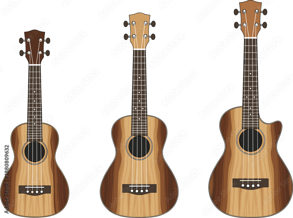 Obraz premium Acoustic Guitar Set Different Body Shapes Vector Illustration Isolated on White Background for Music Instrument Design
