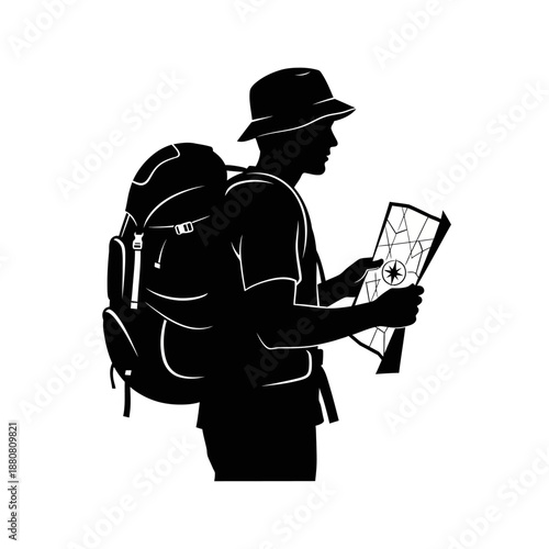 Hiker with Backpack and Map.