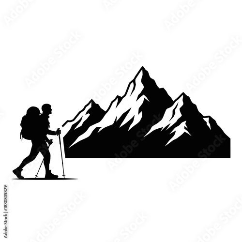 Hiker with Backpack and Trekking Poles Walking.