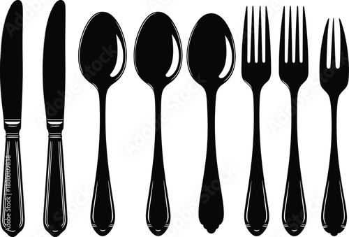 Black Cutlery Silhouette Set Vector Illustration Isolated on White Background for Restaurant, Dining, and Kitchen Design
