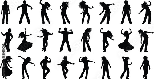Dancing people silhouettes set, energetic men and women party figures, disco club dance vector collection, isolated dynamic movement symbols.