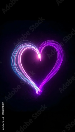 Abstract Heart Shape Glowing With Neon Light Trails on Black Background, Symbolizing Love and Connection