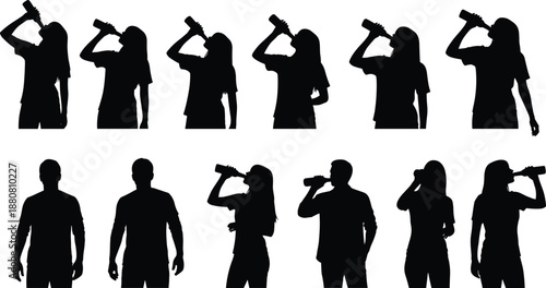 People drinking silhouettes set, men and women holding bottles vector collection, thirsty person hydration symbols, party alcohol consumption illustration, isolated figures.