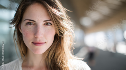 Natural light portrait of a woman with freckles and calm, confident expression. Free Download Natural light portrait of a woman with freckles and calm, confident expression. - GFXLoad