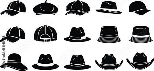 Set of black hat icons, baseball cap silhouettes, bucket and cowboy headwear symbols, fashion clothing accessories, vector headgear collection for men