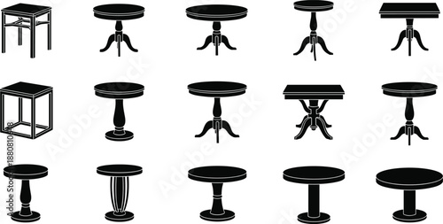 Set of black table icons, round and square furniture silhouettes, wooden dining coffee desk symbols, vector interior design elements