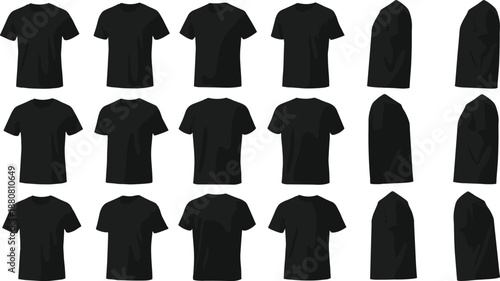 Set of black t-shirt mockups, front and side view vector templates, men's apparel clothing design silhouettes for fashion store print