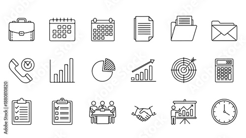 Business and Office Management Outline Icons - Vector Set of Planning, Finance, Communication, and Strategy Symbols