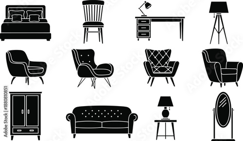 Set of furniture icons, interior design silhouettes, sofa chair bed lamp symbols, home decor vector elements, living room bedroom furnishing