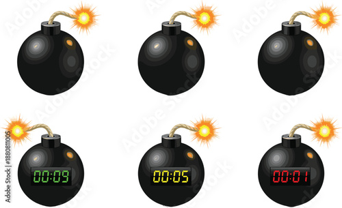 Cartoon Bomb Set with Burning Fuse and Digital Timer Vector Illustration Isolated on White Background