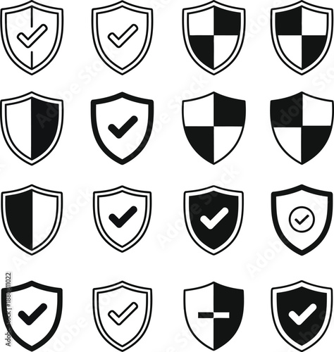 This image features a comprehensive collection of various shield icons presented in a clean, black and white style. The grid displays different designs including shields with cross patterns, quartered