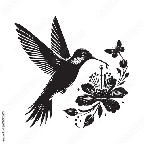 EPS vector illustration of a hummingbird and flowers silhouette vector. Hummingbird Bird and Flower Black and White Illustration